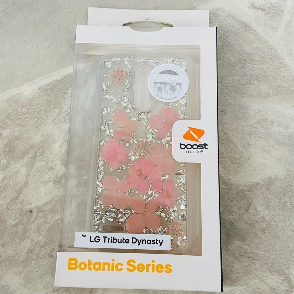 LG tribute dynasty pink silver sparkly pressed flower Botanic series phone case